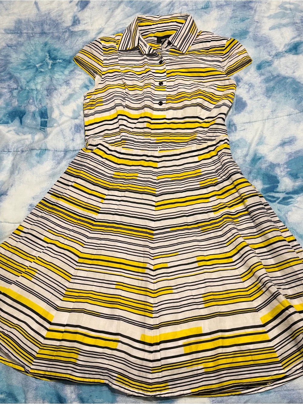 Nine West Yellow and Black Striped Collared Fit-and-Flare Mini Dress